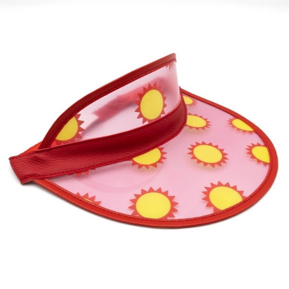 Kids Clear Sun Visor Hat Ages 5–12 – Red Yellow PVC Faux Leather with Sun Print